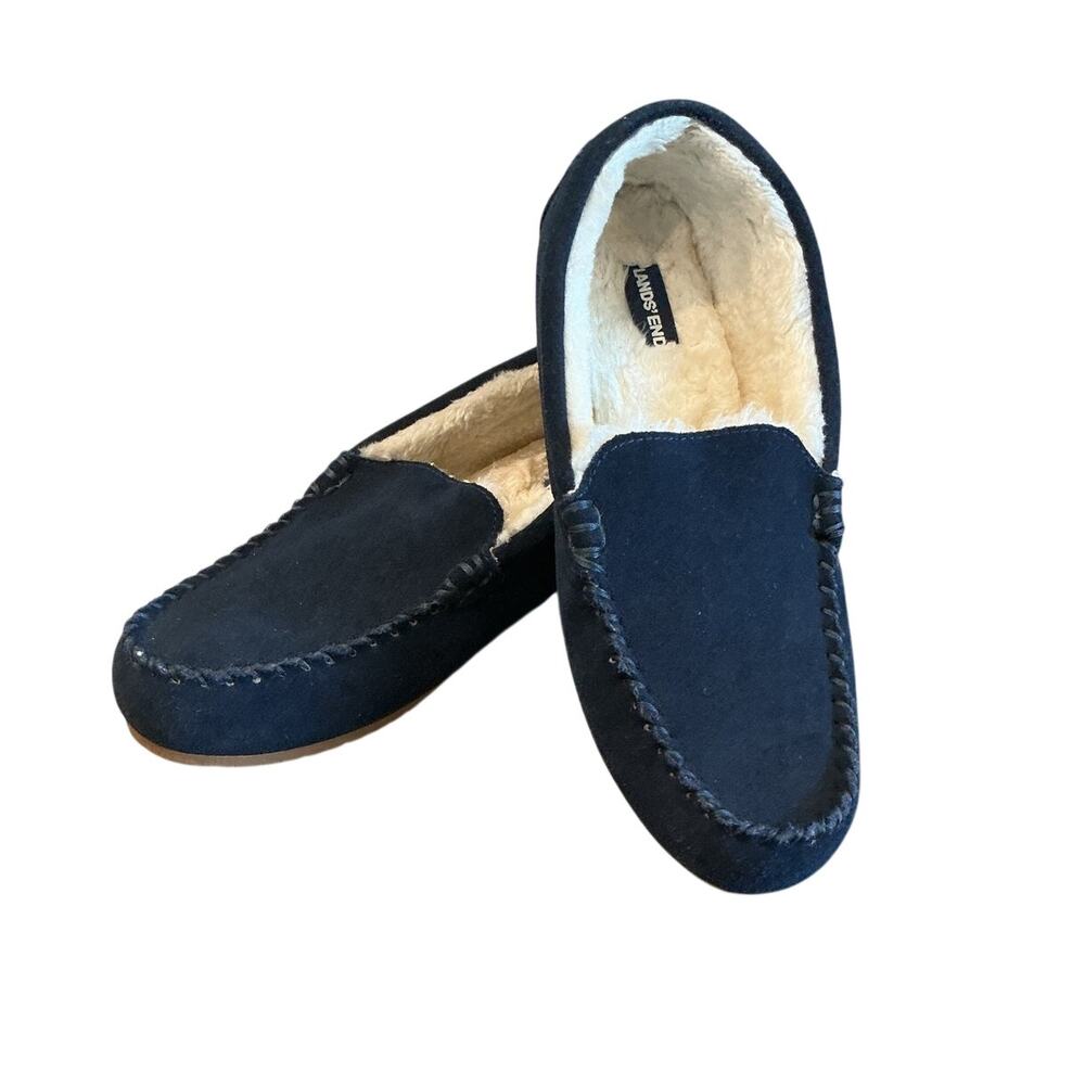NEW Lands End Womens Suede Leather Moccasins Slippers Faux Fur Lined Cabin 10